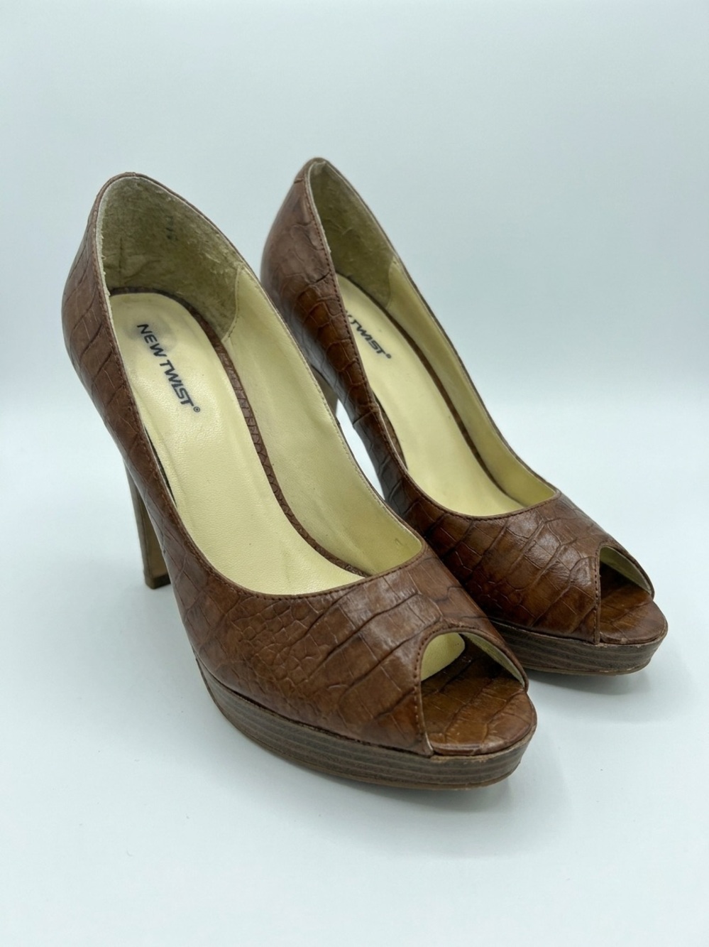 Brown Croc-Embossed Peep-Toe Stiletto Heels